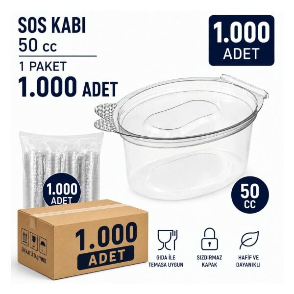 50 cc Şeffaf Kapaklı Sos Kabı Kapaklı 1.000 Adet