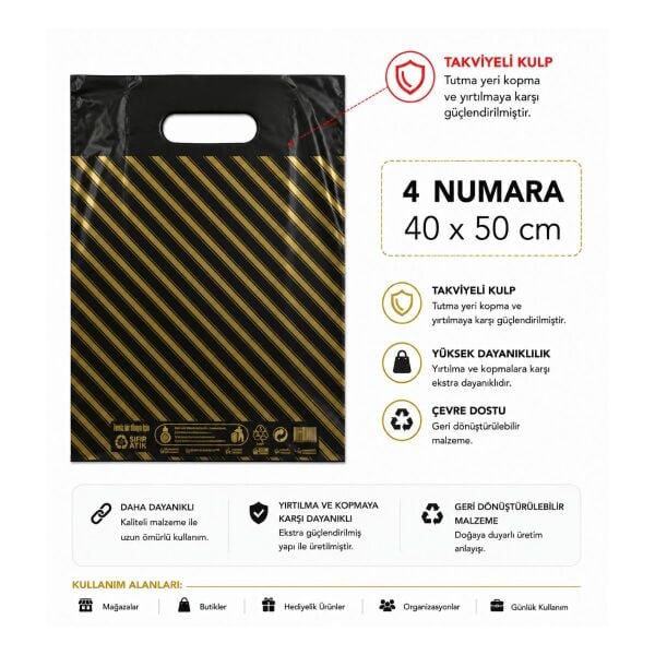 50 adet siyah çizgili  4 No ( 40 x 50 cm ) Takviyeli El Geçme Baskılı Poşet