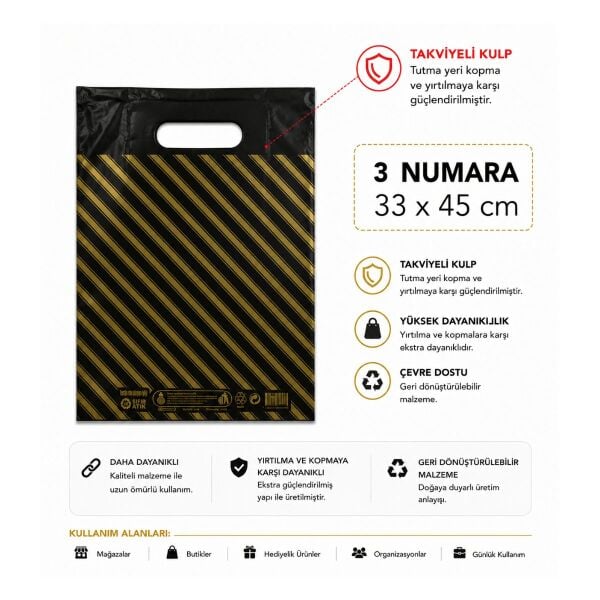 50 adet siyah çizgili  3 No ( 33 x 45 cm ) Takviyeli El Geçme Baskılı Poşet