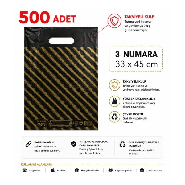 500 adet siyah çizgili 3 No ( 33 x 45 cm ) Takviyeli El Geçme Baskılı Poşet