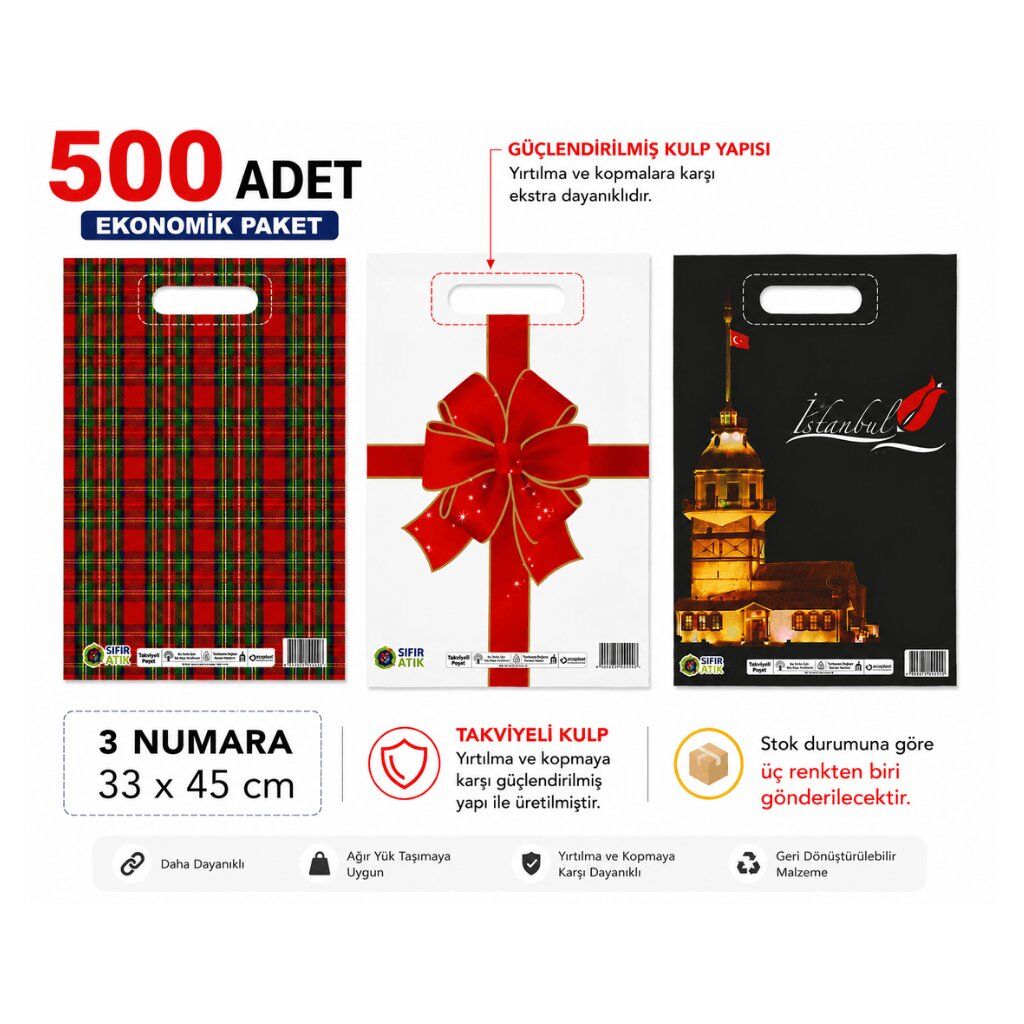 Renkli 500 adet 3 No ( 33 x 45 cm ) Takviyeli El Geçme Baskılı Poşet