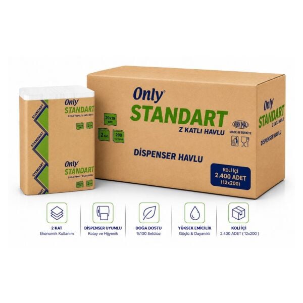 Only Standart Z Katlama Dispenser Havlu 2400 Yaprak - Ekonomik Koli 12'li Paket