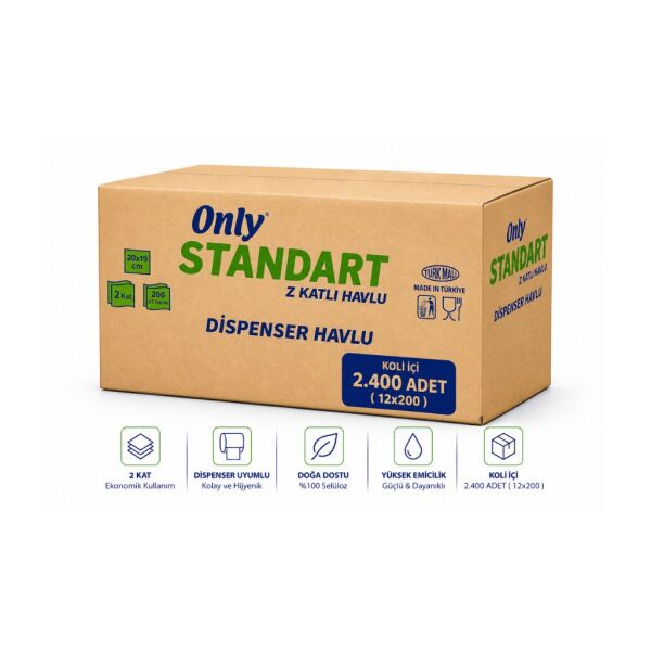 Only Standart Z Katlama Dispenser Havlu 2400 Yaprak - Ekonomik Koli 12'li Paket