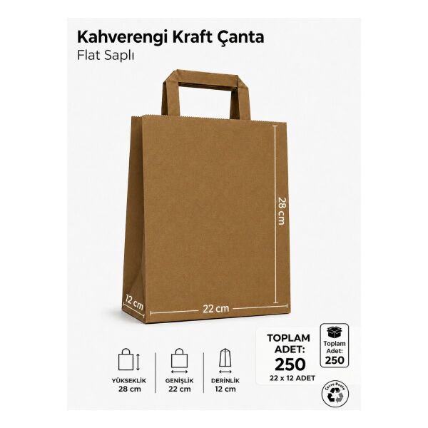 250 Adet 22x12x28 Kahverengi Kraft Kağıt Çanta flat saplı