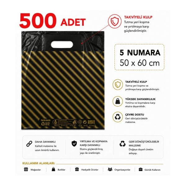 500 adet siyah çizgili  5 No ( 50 x 60 cm ) Takviyeli El Geçme Baskılı Poşet