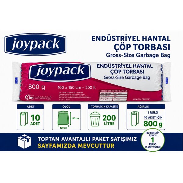 Joypack 100x150 cm Endüstriyel Hantal Çöp Torbası 200 Litre 800 Gr 10 Adet Rulo Çöp Poşeti