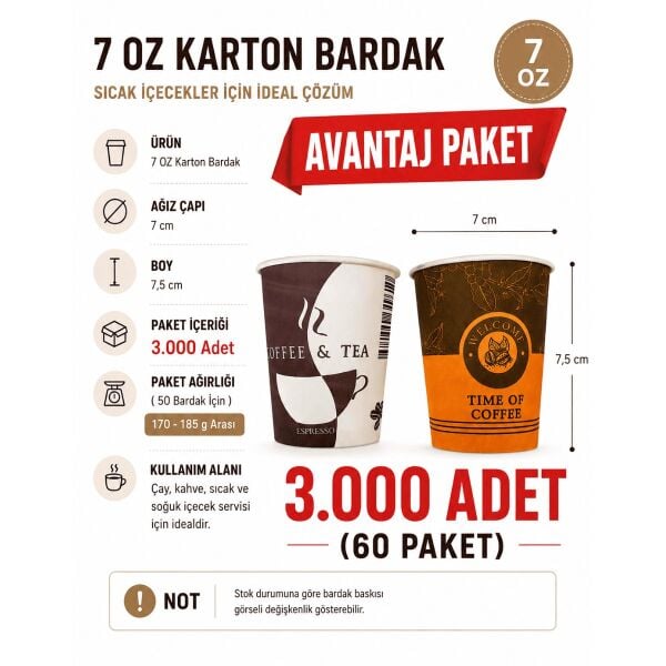 7 oz 3.000 Adet AVANTAJ PAKET Karton Bardak - Kullan At Çay Ve Kahve Bardağı