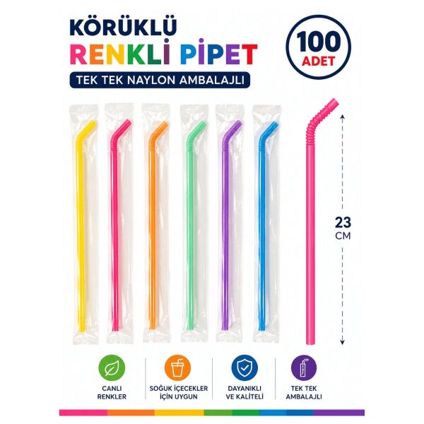 100 Adet Tek Tek Ambalajlı Frozen Körüklü Karma Renkli Plastik Pipet