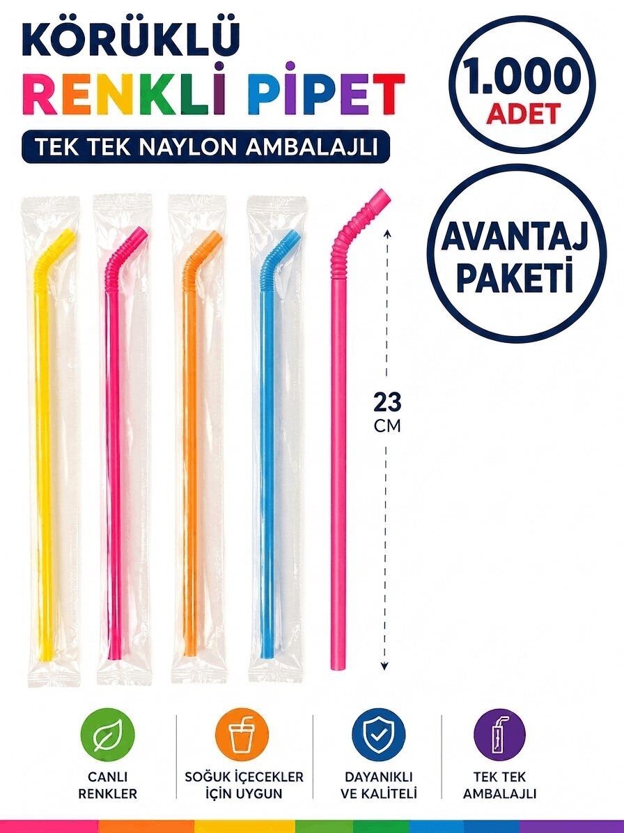 1.000 Adet AVANTAJ PAKETİ Tek Tek Ambalajlı Körüklü Karışık Renkli Plastik Pipet