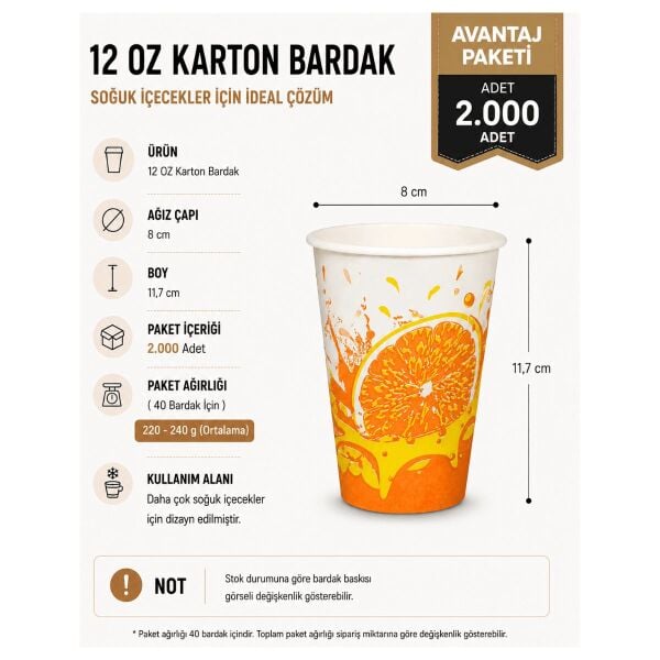 12 oz 2.000 Adet Karton Bardak - Kullan At Soğuk İçecek Bardağı
