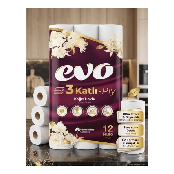 Evo 3 Katlı Kağıt Havlu 12'li Rulo - %100 Selüloz Ultra Emici ve Dayanıklı