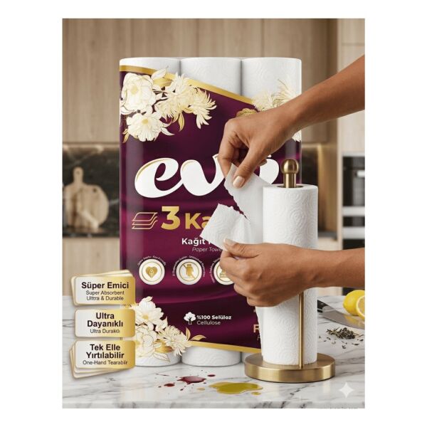 Evo 3 Katlı Kağıt Havlu 12'li Rulo - %100 Selüloz Ultra Emici ve Dayanıklı