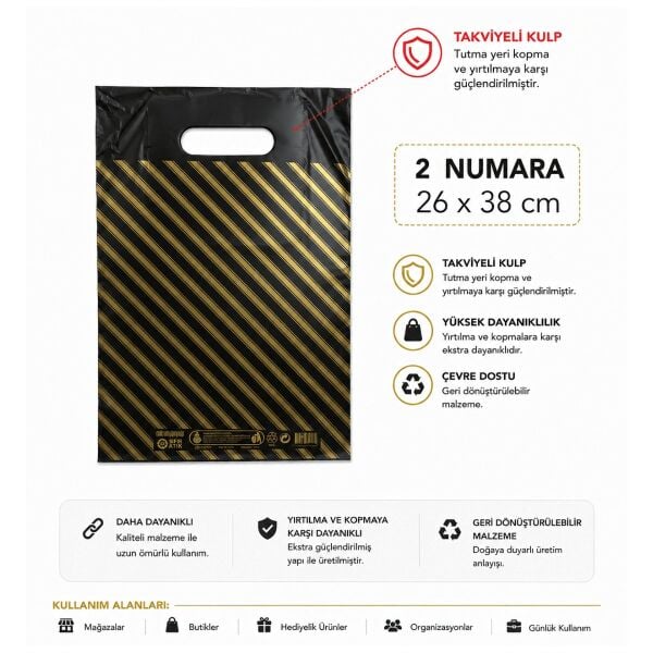 50 adet siyah çizgili 2 No ( 26x38 cm ) Takviyeli El Geçme Baskılı Poşet