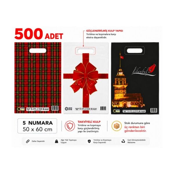 Renkli 500 adet 5 No ( 50 x 60 cm ) Takviyeli El Geçme Baskılı Poşet