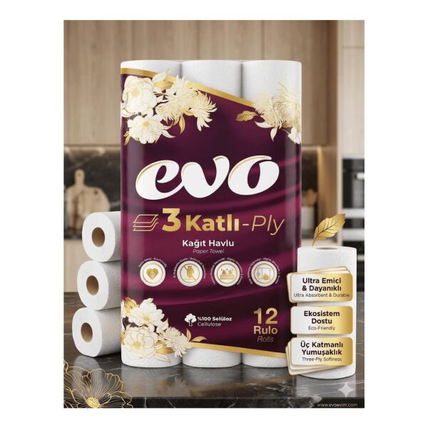36 Rulo 3'Lü AVANTAJ PAKET Evo 3 Katlı Kağıt Havlu - %100 Selüloz Ultra Emici ve Dayanıklı