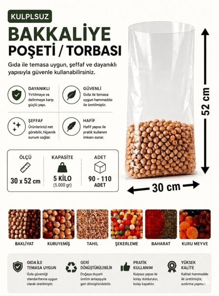5 NO (90-110 Adet) Bakkaliye ve Erzak Poşeti 30 x 52 cm 5 Kilo Kapasiteli Şeffaf Torba