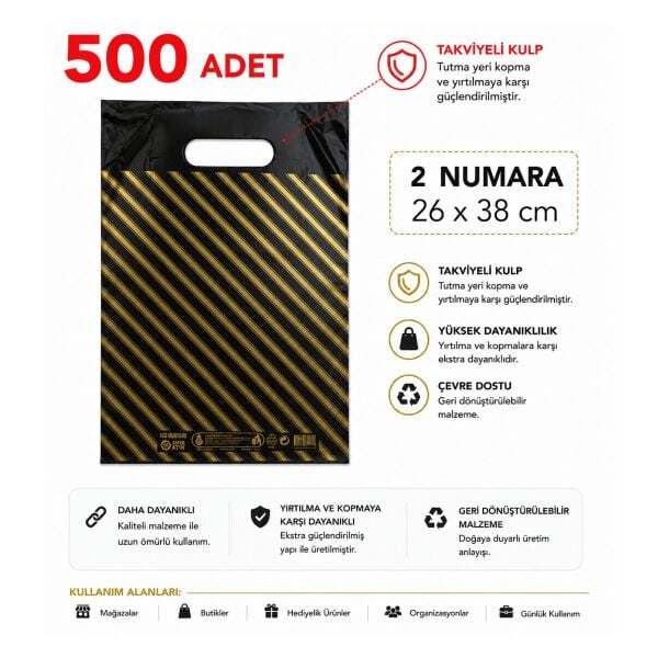 500 adet siyah çizgili 2 No ( 26x38 cm ) Takviyeli El Geçme Baskılı Poşet siyah çizgili
