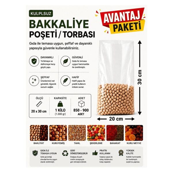 1 NO (850-900 Adet) Bakkaliye ve Erzak Poşeti (3'Lü avantaj paket) 20 x 30 cm Bir Kilo Kapasiteli Şeffaf Torba