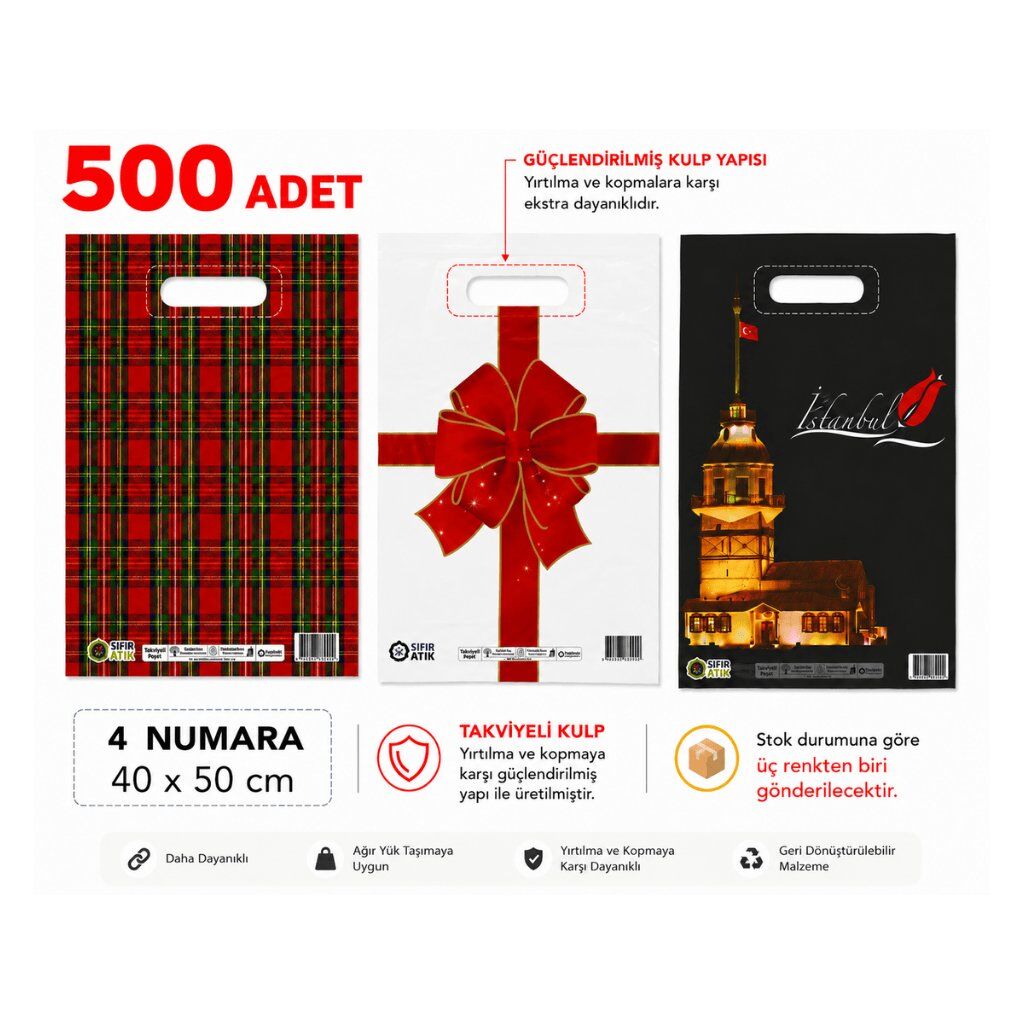 Renkli 500 adet 4 No ( 40 x 50 cm ) Takviyeli El Geçme Baskılı Poşet