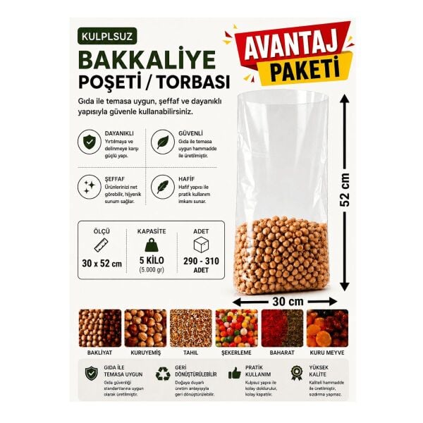 5 NO (290-310 Adet) Bakkaliye ve Erzak Poşeti (3'Lü avantaj paket) 30 x 52 cm 5 Kilo Kapasiteli Şeffaf Torba