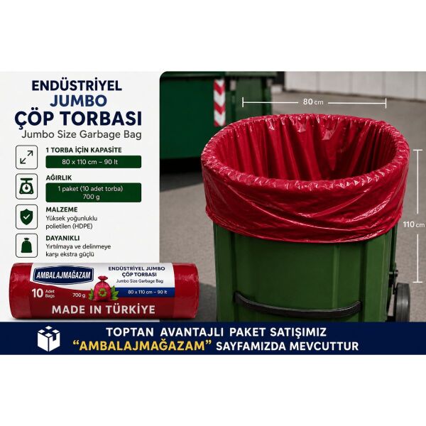 Ethex 80x110 cm 700 Gr Extra Kalın 100 Adet 10'Lu Avantaj Paket Endüstriyel Jumbo Çöp Torbası 90 Litre Çöp Poşeti