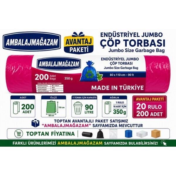 Ethex 200 Adet 20'Li Avantaj Paket 80x110 cm Endüstriyel Jumbo Çöp Torbası 90 Litre Ağır Hizmet Çöp Poşeti