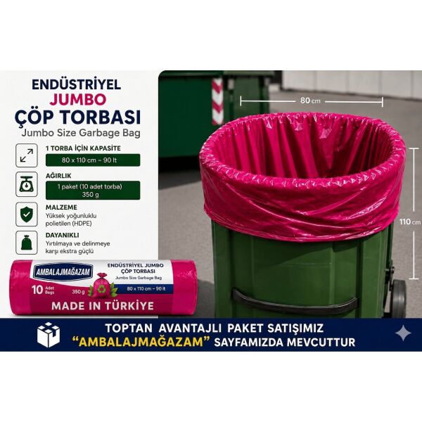 Ethex 200 Adet 20'Li Avantaj Paket 80x110 cm Endüstriyel Jumbo Çöp Torbası 90 Litre Ağır Hizmet Çöp Poşeti