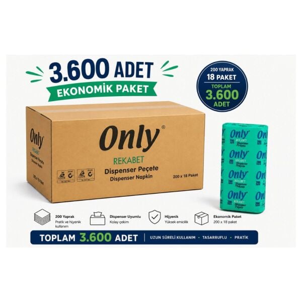 Only Dispenser Peçete Masa Üstü Aparat Uyumlu 3.600 Adet (18 Paket)