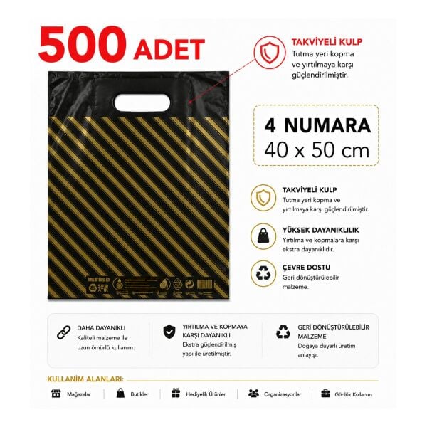 500 adet siyah çizgili 4 No ( 40 x 50 cm ) Takviyeli El Geçme Baskılı Poşet