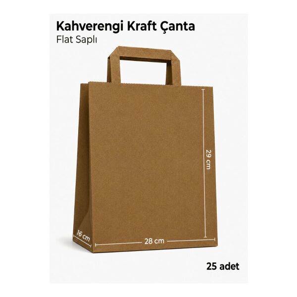 25 Adet 28x16x29 cm Kahverengi Kraft Kağıt Çanta Flat Saplı