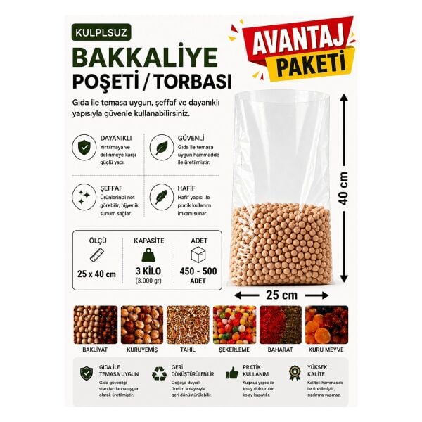 3 NO (450-500 Adet) Bakkaliye ve Erzak Poşeti (3'Lü avantaj paket) 25 x 40 cm 3 Kilo Kapasiteli Şeffaf Torba