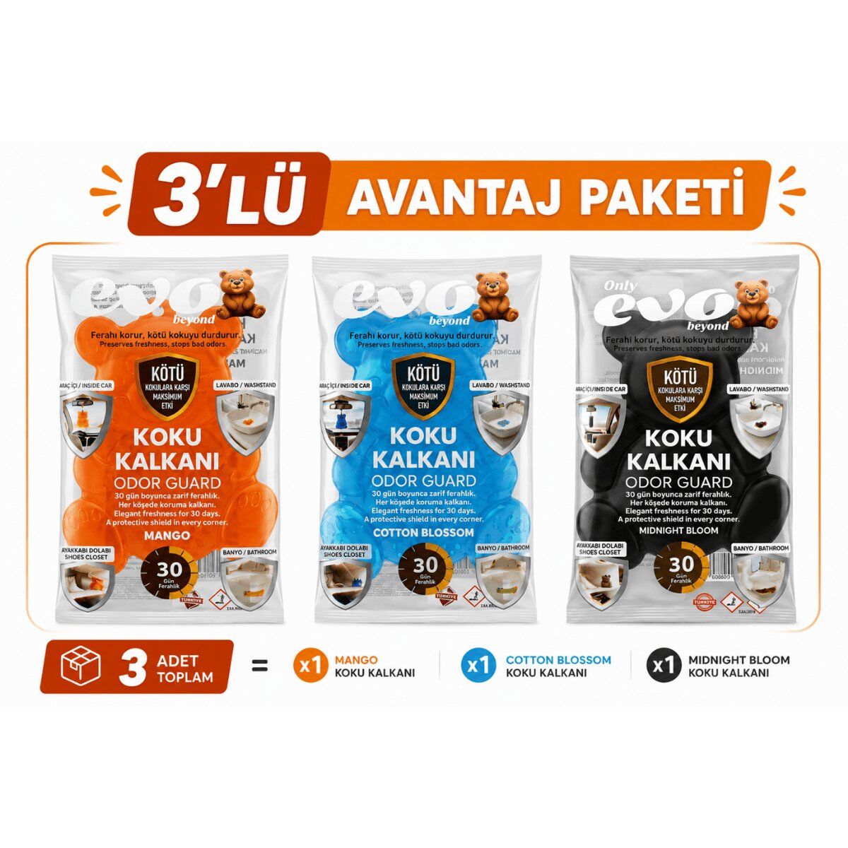 Only Evo 3'Lü Avantaj Paketi Çok Amaçlı Doğal Koku kalkanı - Pisuvar, Araba, Dolap ve Oda Kokusu (3 Renk x 1)
