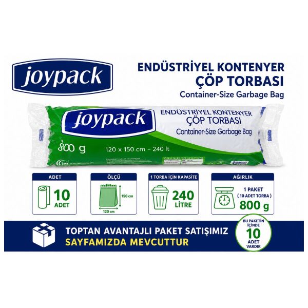 Joypack 120x150 cm 240 Litre Endüstriyel Konteyner Çöp Torbası 10 Adet 800 Gr Ağır Hizmet Çöp Poşeti