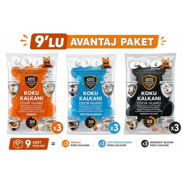 Only Evo 9'Lu Avantaj Paketi Çok Amaçlı Doğal Koku kalkanı - Pisuvar, Araba, Dolap ve Oda Kokusu (3 RENK x 3)