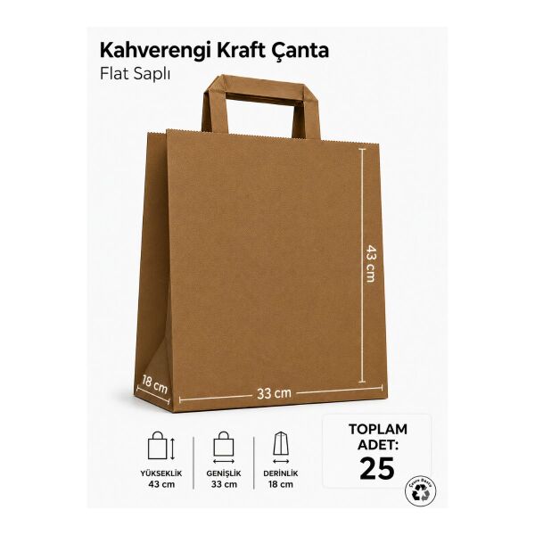 25 Adet 33x18x43 Kahverengi Kraft Kağıt Çanta