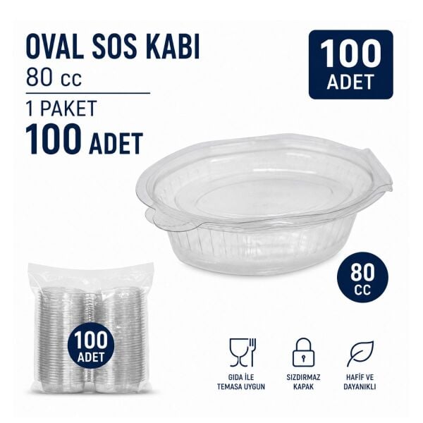80 cc Oval Şeffaf Kapaklı Sos Kabı Kapaklı 100 Adet