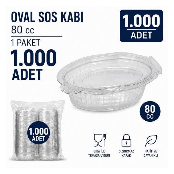 80 cc Oval Şeffaf Kapaklı Sos Kabı Kapaklı 1.000 Adet