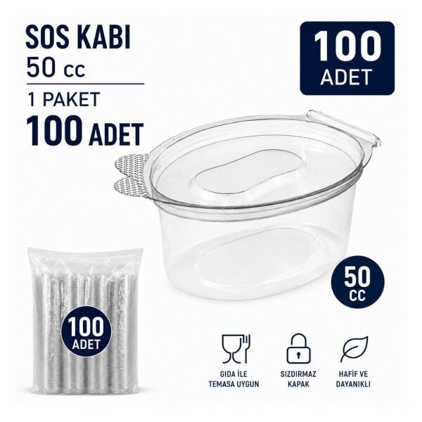 50 cc Şeffaf Kapaklı Sos Kabı Kapaklı 100 Adet