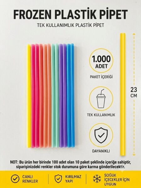 1.000 ADET -AVANTAJ PAKET- Frozen Düz Plastik Pipet - Karma Renk