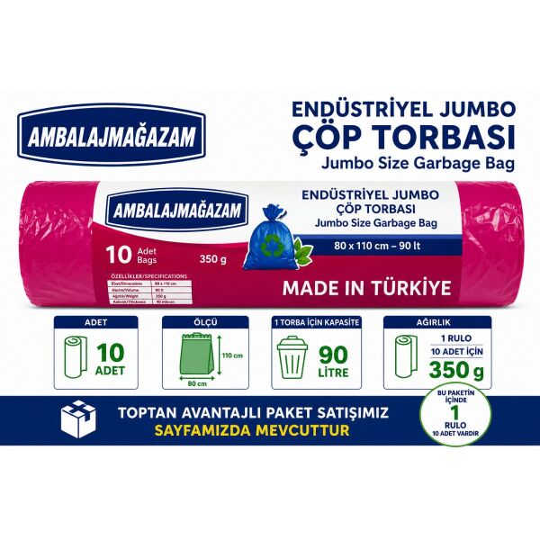 Ethex 80x110 cm Endüstriyel Jumbo Çöp Torbası 90 Litre 350 Gr 10 Adet Çöp Poşeti