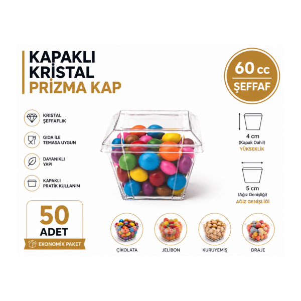60 cc -KAPAKLI- Kristlal Prizma Kap - 50 Adet