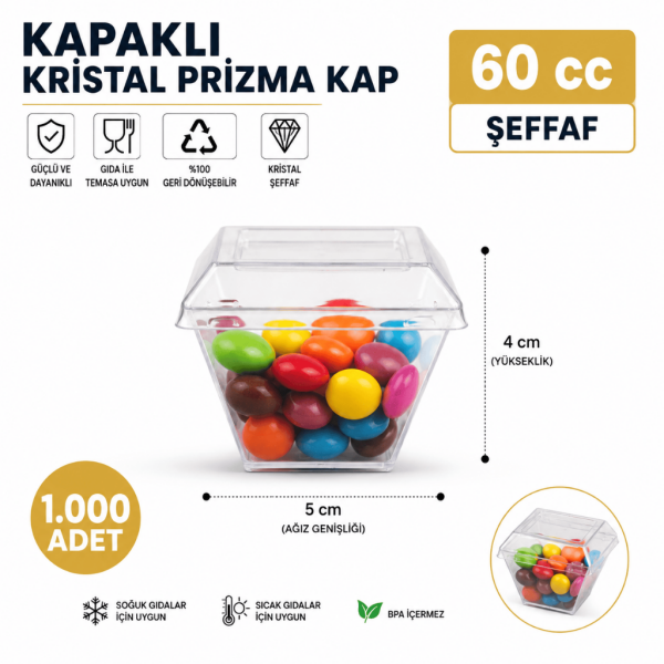 60 cc -KAPAKLI- Kristlal Prizma Kap - 1000 Adet