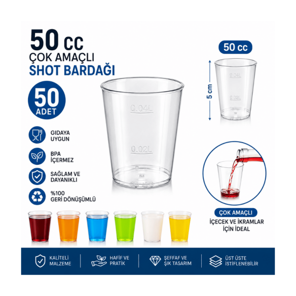 50 cc Çok Amaçlı Shot Bardağı 50 Adet – Şeffaf Sert Kristal Plastik – Gıdaya Uyumlu