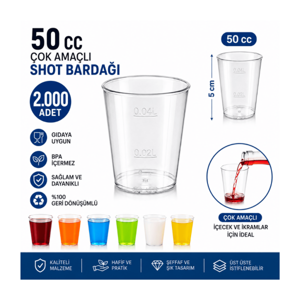 50 cc Çok Amaçlı Shot Bardağı 2.000 Adet – Şeffaf Sert Kristal Plastik – Gıdaya Uyumlu