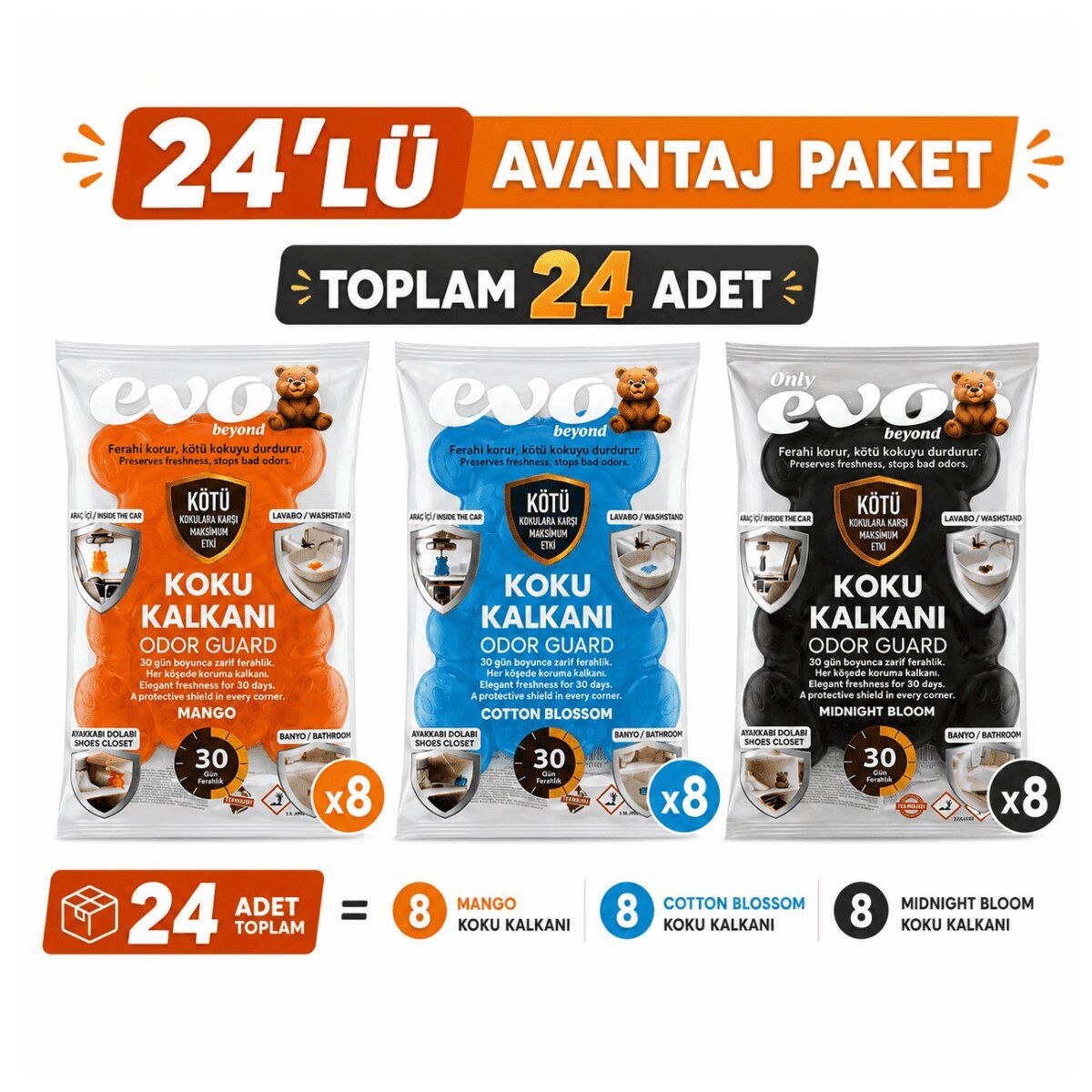Only Evo 24'Lü Avantaj Paketi Çok Amaçlı Doğal Koku kalkanı (3 Renk x 8)