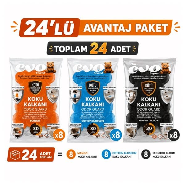 Only Evo 24'Lü Avantaj Paketi Çok Amaçlı Doğal Koku kalkanı (3 Renk x 8)