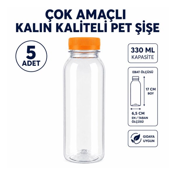 5 ADET Çok Amaçlı 330 ml Kapaklı Kaliteli Kalın Pet Şişe