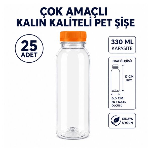 25 ADET Çok Amaçlı 330 ml Kapaklı Kaliteli Kalın Pet Şişe - Gıdaya Uygun