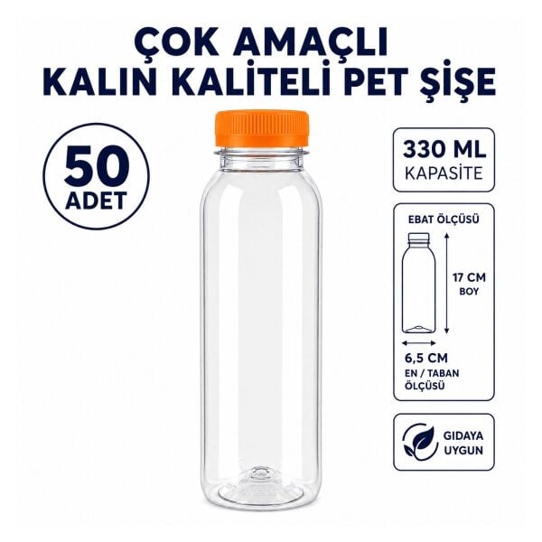 50 ADET Çok Amaçlı 330 ml Kapaklı Kaliteli Kalın Pet Şişe - Gıdaya Uygun