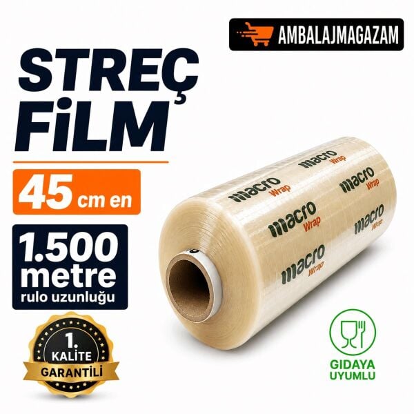 1.500 Metre Macro Streç Film - 45 cm en - Gıdaya Uygun - 7.800 gr (8 KG)